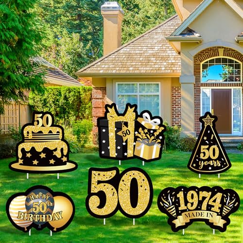 JAPBOR 6PCS Happy 50th Birthday Yard Sign, Black Gold Shiny 50th Lawn Signs with Stakes, Cheers to 50 Years Old Bday Outdoor Lawn Decorations, Women Men 1973 Party Yard Anniversary Decor Supplies