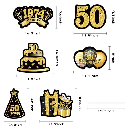 JAPBOR 6PCS Happy 50th Birthday Yard Sign, Black Gold Shiny 50th Lawn Signs with Stakes, Cheers to 50 Years Old Bday Outdoor Lawn Decorations, Women Men 1973 Party Yard Anniversary Decor Supplies