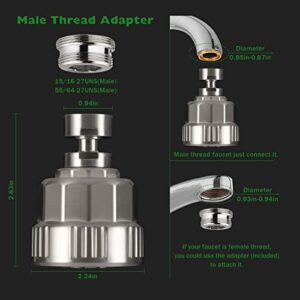 Faucet Sprayer Attachment, Big Angle Swivel Kitchen Faucet Aerator,Sink Faucet Head Replacement, 5 Spray Models, 55/64-27UNS Famale Thread, Male Thread Adapter included, Brushed Nickel