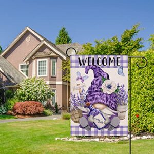 Dyrenson Welcome Spring Gnome Lavender Anemone Flower Decorative Garden Flag, Purple Buffalo Plaid Check Butterfly Floral House Yard Outside Decorations, Summer Farmhouse Outdoor Small Decor 12x18