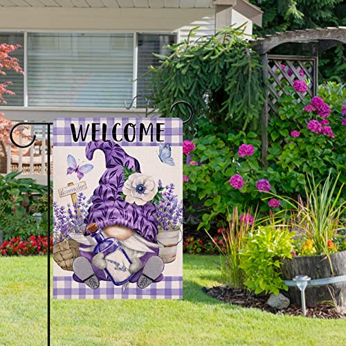 Dyrenson Welcome Spring Gnome Lavender Anemone Flower Decorative Garden Flag, Purple Buffalo Plaid Check Butterfly Floral House Yard Outside Decorations, Summer Farmhouse Outdoor Small Decor 12x18