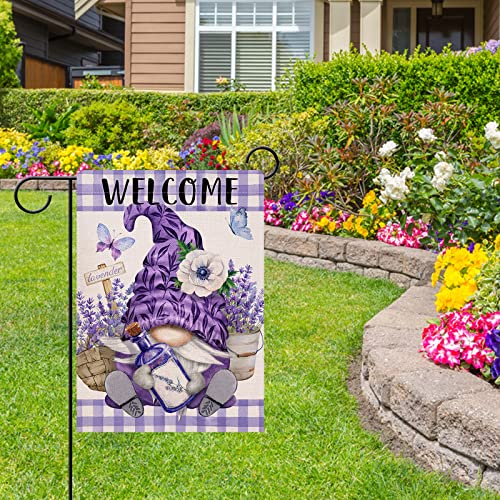 Dyrenson Welcome Spring Gnome Lavender Anemone Flower Decorative Garden Flag, Purple Buffalo Plaid Check Butterfly Floral House Yard Outside Decorations, Summer Farmhouse Outdoor Small Decor 12x18