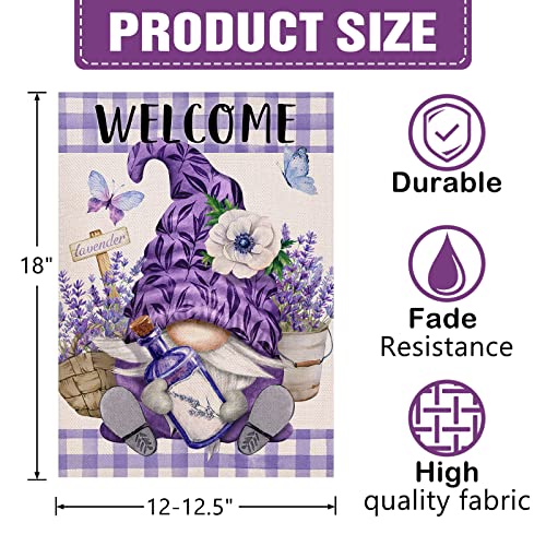 Dyrenson Welcome Spring Gnome Lavender Anemone Flower Decorative Garden Flag, Purple Buffalo Plaid Check Butterfly Floral House Yard Outside Decorations, Summer Farmhouse Outdoor Small Decor 12x18