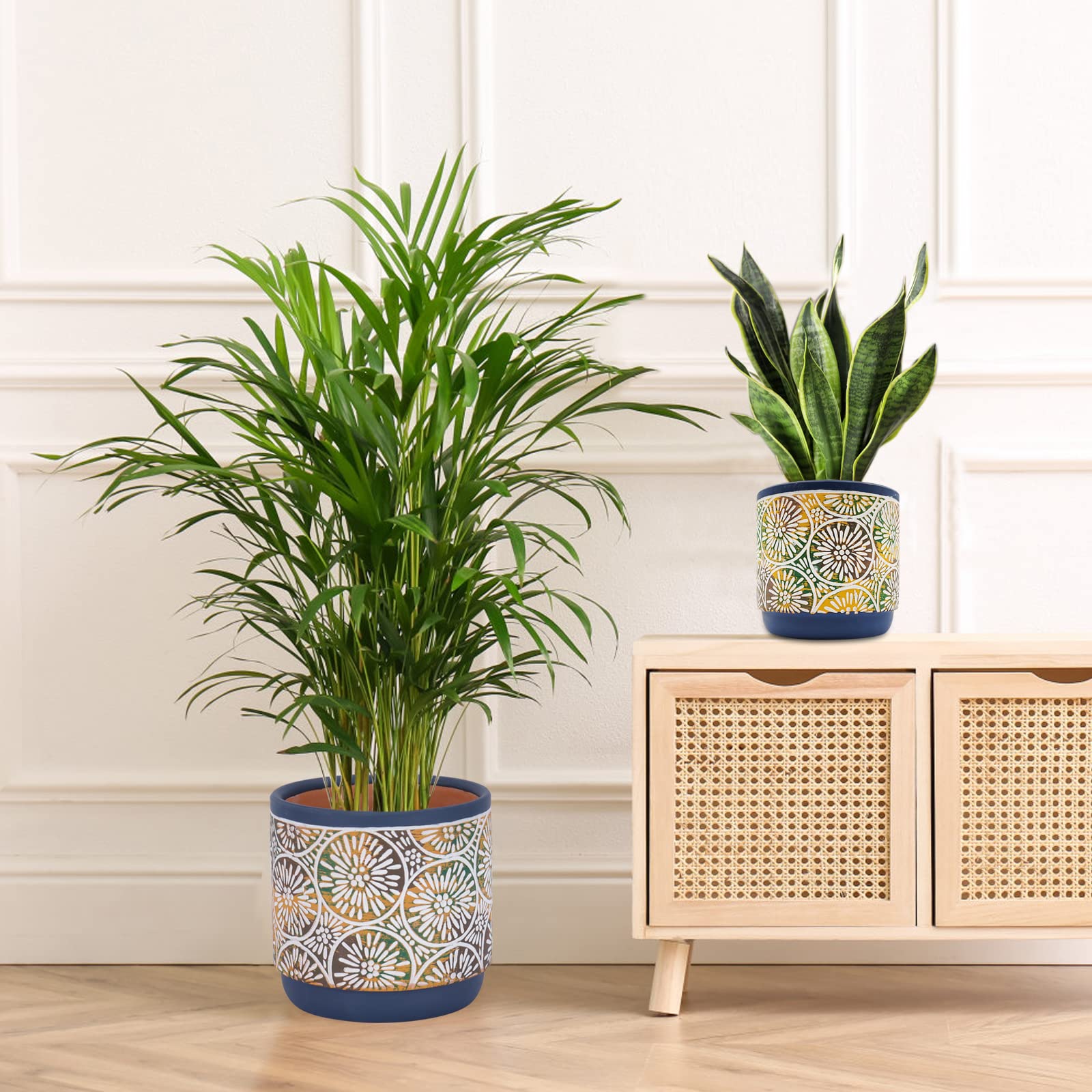 DeeCoo 3 Piece Ceramic Plant pots Indoor Pots Set with Drainage Holes, 5.7/4.7/3.5/inch, Modern Decorative pots Outdoor Plants Lilies, Cacti, Succulents, Snakes, and Bamboo (Blue)