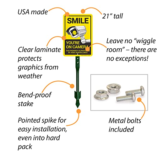 SmartSign 10x7 inch “Smile You’re On Camera, This Property Is Protected By Video Surveillance” Yard Sign with 18 inch Stake, 40 mil Aluminum, Laminated Engineer Grade Reflective, Multicolor, Set of 1