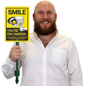 SmartSign 10x7 inch “Smile You’re On Camera, This Property Is Protected By Video Surveillance” Yard Sign with 18 inch Stake, 40 mil Aluminum, Laminated Engineer Grade Reflective, Multicolor, Set of 1