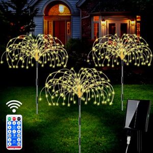 solar outdoor garden lights, [3 pack] 360led solar firework lights 8 modes waterproof with remote control, warm yellow starburst fairy lights for pathway backyard patio christmas lawn wedding decor