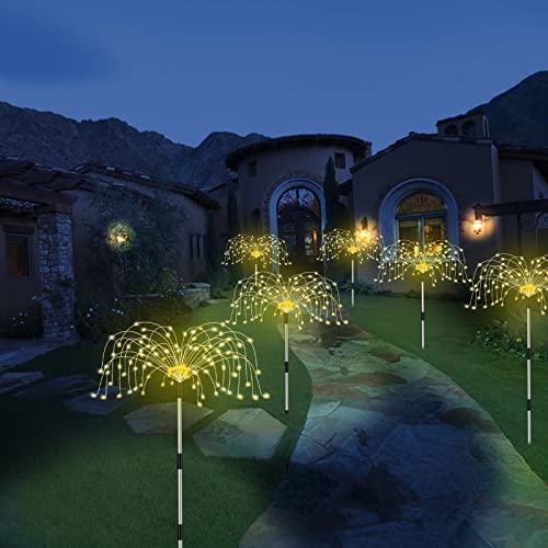 Solar Outdoor Garden Lights, [3 Pack] 360LED Solar Firework Lights 8 Modes Waterproof with Remote Control, Warm Yellow Starburst Fairy Lights for Pathway Backyard Patio Christmas Lawn Wedding Decor