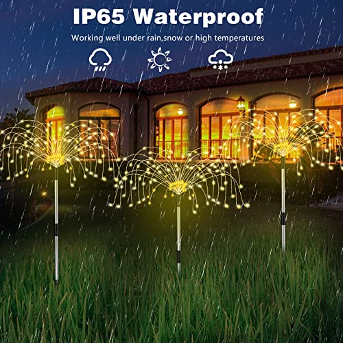 Solar Outdoor Garden Lights, [3 Pack] 360LED Solar Firework Lights 8 Modes Waterproof with Remote Control, Warm Yellow Starburst Fairy Lights for Pathway Backyard Patio Christmas Lawn Wedding Decor