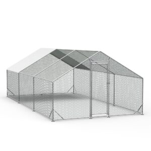 ouyessir outdoor metal chicken coop, large walk-in chicken run pen with waterproof cover, rabbit habitat poultry cage for backyard farm use (10’l x20’w x 6.56’h, silver)