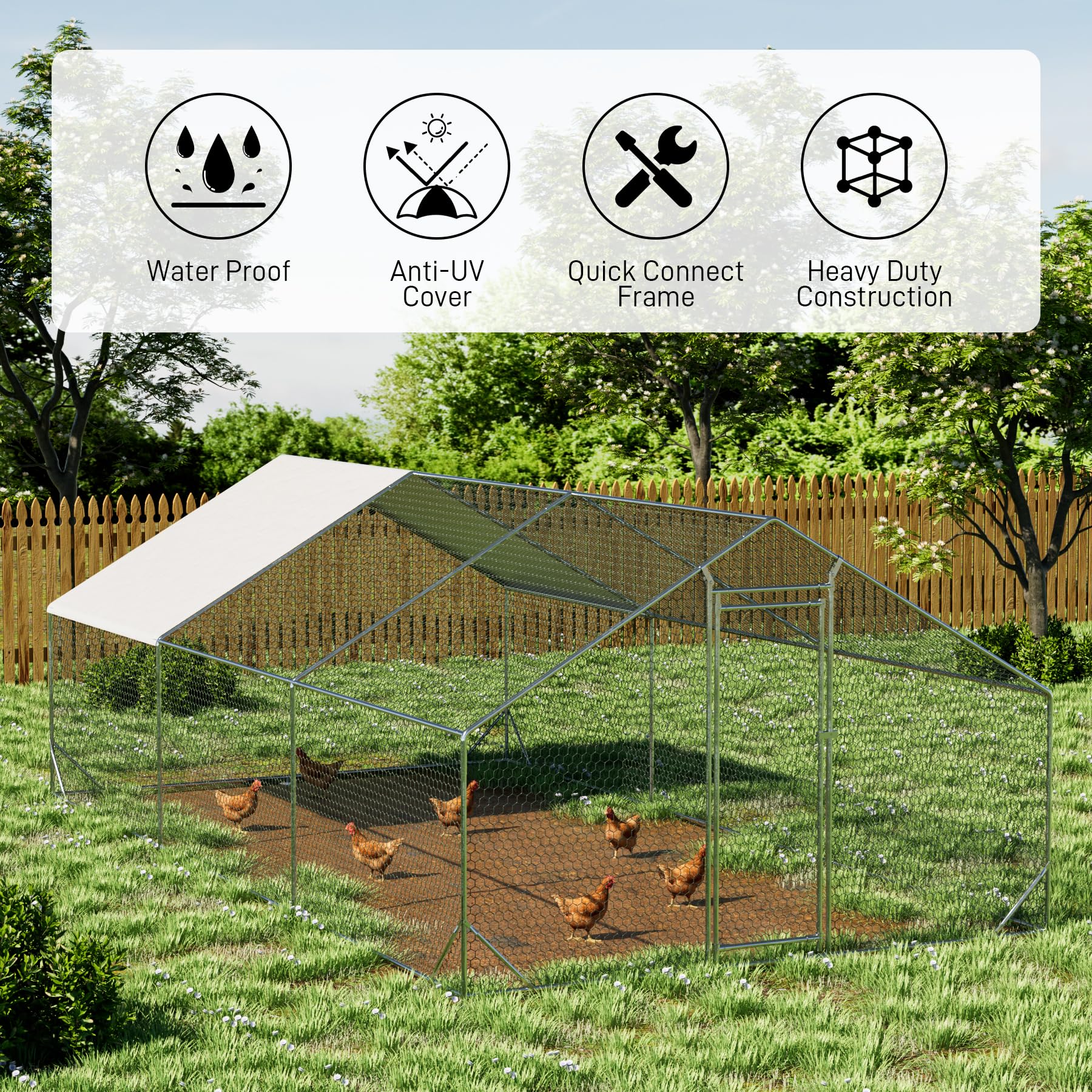 OUYESSIR Outdoor Metal Chicken Coop, Large Walk-in Chicken Run Pen with Waterproof Cover, Rabbit Habitat Poultry Cage for Backyard Farm Use (10’L x20’W x 6.56’H, Silver)