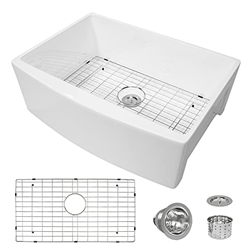 Fongcern 33 Inch Ceramic Kitchen Sinks,Fireclay Undermount Flat Apron Front Reversible White Porcelain 33" Farmhouse Sink Farm Sink With Protective Stainless Gird and Strainer…