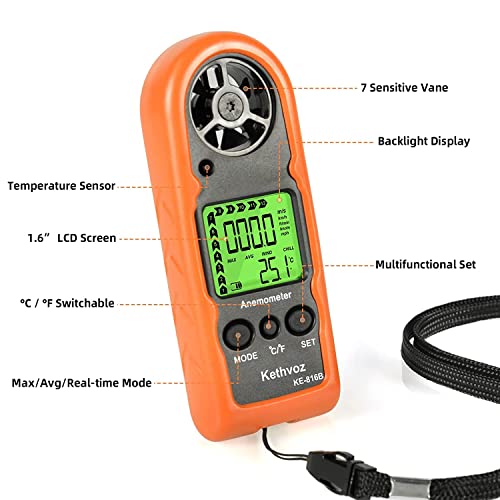 Mini Anemometer Digital Wind Speed Meter, Kethvoz Handheld Wind Tester Measure Windspeed Check Air Velocity Temperature for Hunting Windsurfing Sailing Shooting Drone Outdoor Activities 816B