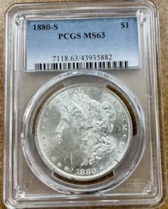 1880 s morgan silver dollar, blast white vam 63a, die gouge over a in dollar vam 11 $1 ms63 pcgs