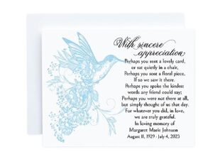 hummingbird personalized sympathy thank you notes, choose your quantity, blue thank you cards sympathy acknowledgement with hummingbirds, bereavement thank you card with envelopes, after funeral card