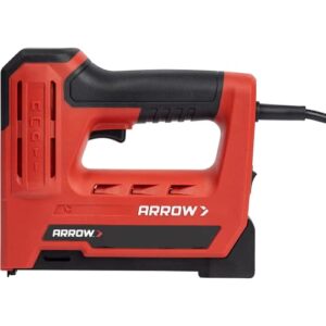 arrow et501f corded 5-in-1 professional electric staple and nail gun, wire stapler, and brad nailer for upholstery, framing, insulation, crafts, fencing, and cable, black/red