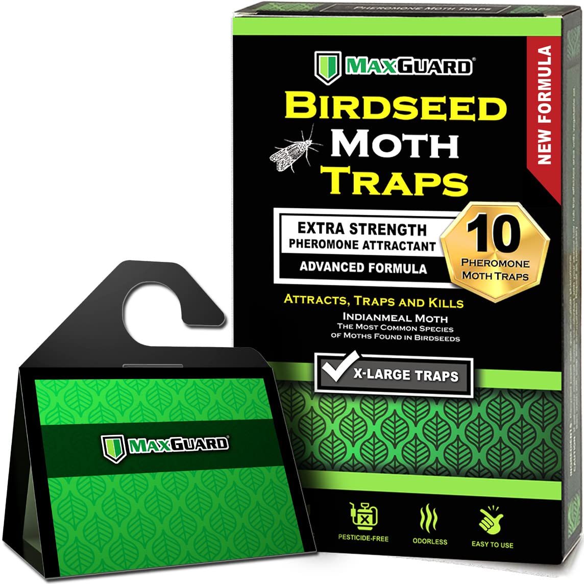 MaxGuard Birdseed Pantry Moth Traps (10 XL Pack) Extra Strength Pheromones | Non-Toxic Extra Large Sticky Glue Trap for Bird Seed Storage Areas | Attract, Trap and Kill Moths