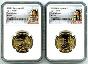 2022 p d sacagawea ely s. parker $1 dollar matched 2-coin set first releases ngc dollar ngc ms66