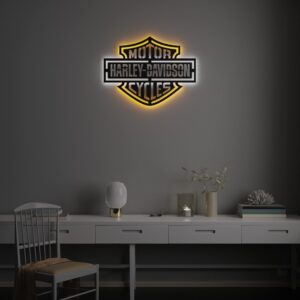 Harley Davidson Wall Sign - Led Illumination - Garage Sign - Wall Art Orange White (20x15") (20x15")