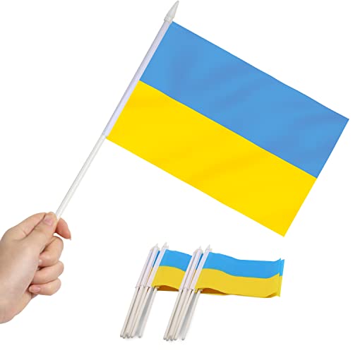 Anley Ukraine Mini Flag 12 Pack - Hand Held Small Miniature Ukrainian Flags on Stick - Fade Resistant & Vivid Colors - 5x8 Inch with Solid Pole & Spear Top