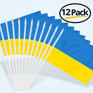 Anley Ukraine Mini Flag 12 Pack - Hand Held Small Miniature Ukrainian Flags on Stick - Fade Resistant & Vivid Colors - 5x8 Inch with Solid Pole & Spear Top