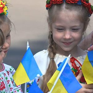 Anley Ukraine Mini Flag 12 Pack - Hand Held Small Miniature Ukrainian Flags on Stick - Fade Resistant & Vivid Colors - 5x8 Inch with Solid Pole & Spear Top