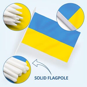 Anley Ukraine Mini Flag 12 Pack - Hand Held Small Miniature Ukrainian Flags on Stick - Fade Resistant & Vivid Colors - 5x8 Inch with Solid Pole & Spear Top