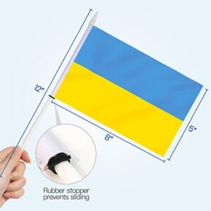 Anley Ukraine Mini Flag 12 Pack - Hand Held Small Miniature Ukrainian Flags on Stick - Fade Resistant & Vivid Colors - 5x8 Inch with Solid Pole & Spear Top