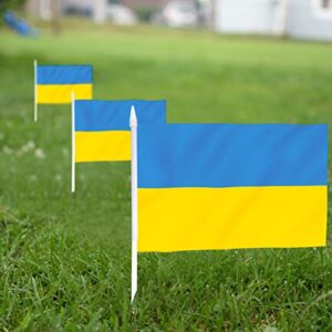 Anley Ukraine Mini Flag 12 Pack - Hand Held Small Miniature Ukrainian Flags on Stick - Fade Resistant & Vivid Colors - 5x8 Inch with Solid Pole & Spear Top