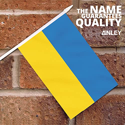 Anley Ukraine Mini Flag 12 Pack - Hand Held Small Miniature Ukrainian Flags on Stick - Fade Resistant & Vivid Colors - 5x8 Inch with Solid Pole & Spear Top