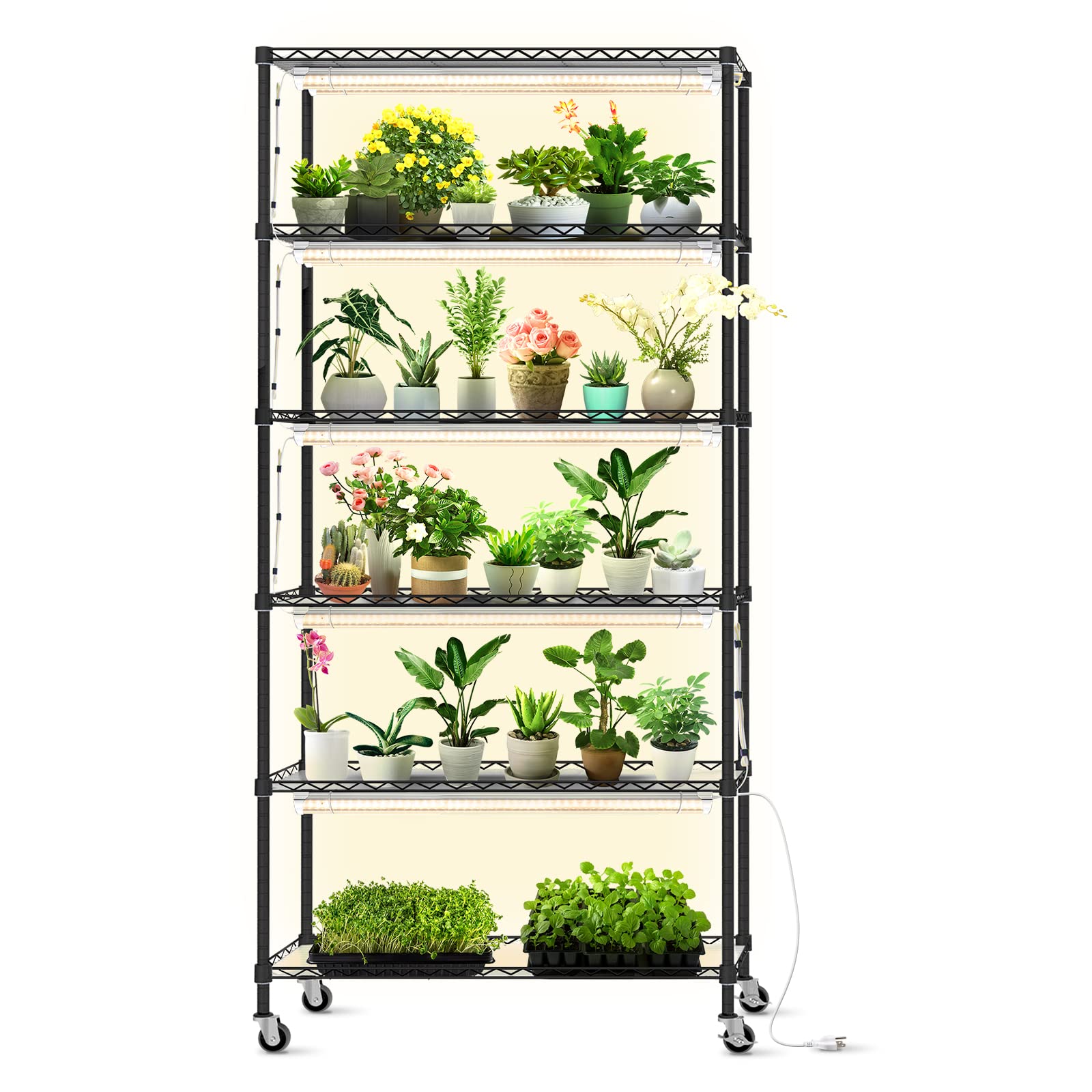 Bstrip DIY Plant Shelf with Grow Light, Grow Light Shelf with Adjustable Rack and Wheels, Plant Stand, 8-Pack 192W T8 3000K Full Spectrum Grow Lights for Seed Starting,Seed Tray(29.5L x 13.8W x70.9H)