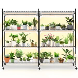 bstrip plant shelf with grow light, 4-tier large grow light shelf with wheels, stainless steel, 12-pack 288w t8 full spectrum grow lights for seed starting(57.4" l x 13.8" w x 59" h)