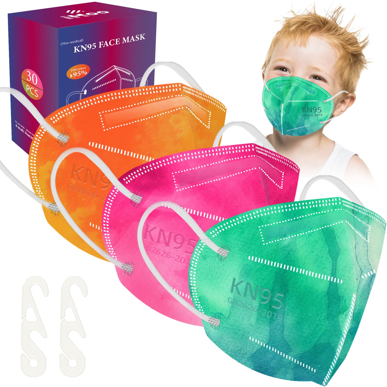 iHoo 30pcs KN95 Face Masks for Kids, Individually wrapped with Mask Holder, Breathable & Comfortable 5-Ply Multicolor KN95 Masks for Boys Girls Age 4-10