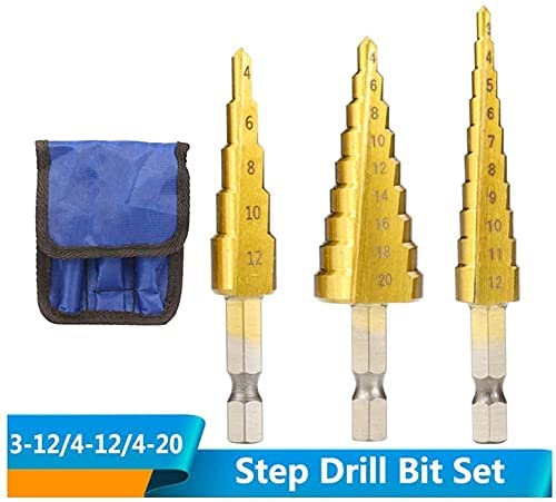 3PCS Titanium Uni Step Drill Bit Set,Sizes 3-12mm 4-12mm 4-20mm