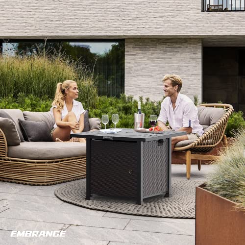 EMBRANGE 32In Propane Fire Pit Table,50,000BTU Auto-Ignition Gas Fire Pit Table with Glass Wind Guard, CSA Certification,Outdoor Fire Pit for Deck/Patio/Porch/Poolside, Black