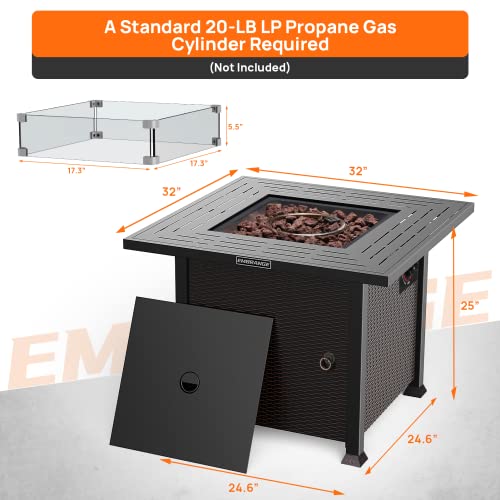 EMBRANGE 32In Propane Fire Pit Table,50,000BTU Auto-Ignition Gas Fire Pit Table with Glass Wind Guard, CSA Certification,Outdoor Fire Pit for Deck/Patio/Porch/Poolside, Black