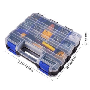 Small Parts Storage Case Tools Box Organizer Double Side 34 Compartments Hardware Organizers with Removable Plastic Dividers for Screws Nuts Nails Bolts