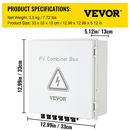 VEVOR PV Combiner Box, 6 String with 15A Rated Current Fuse, 125A Circuit Breaker, Lightning Arreste Connector for On/Off Grid Solar Panel System, IP65 Waterproof, White