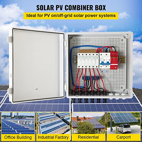 VEVOR PV Combiner Box, 6 String with 15A Rated Current Fuse, 125A Circuit Breaker, Lightning Arreste Connector for On/Off Grid Solar Panel System, IP65 Waterproof, White