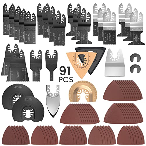 Oscillating Saw Blades, 91 PCS Quick Release Oscillating Tool Blades with Sandpaper for Wood Metal Plastic Cutting, Compatible with Dewalt, Milwaukee, Makita, Ryobi, Rockwell, Bosch etc.