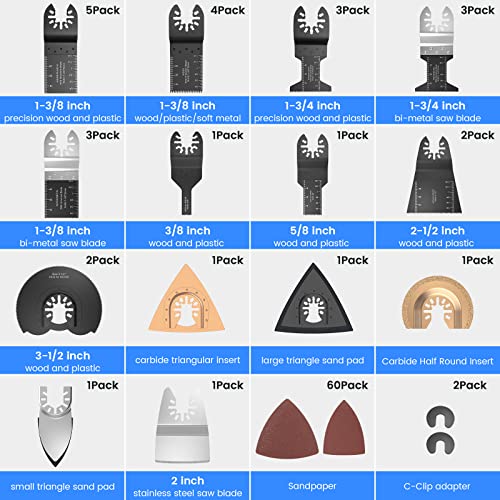 Oscillating Saw Blades, 91 PCS Quick Release Oscillating Tool Blades with Sandpaper for Wood Metal Plastic Cutting, Compatible with Dewalt, Milwaukee, Makita, Ryobi, Rockwell, Bosch etc.