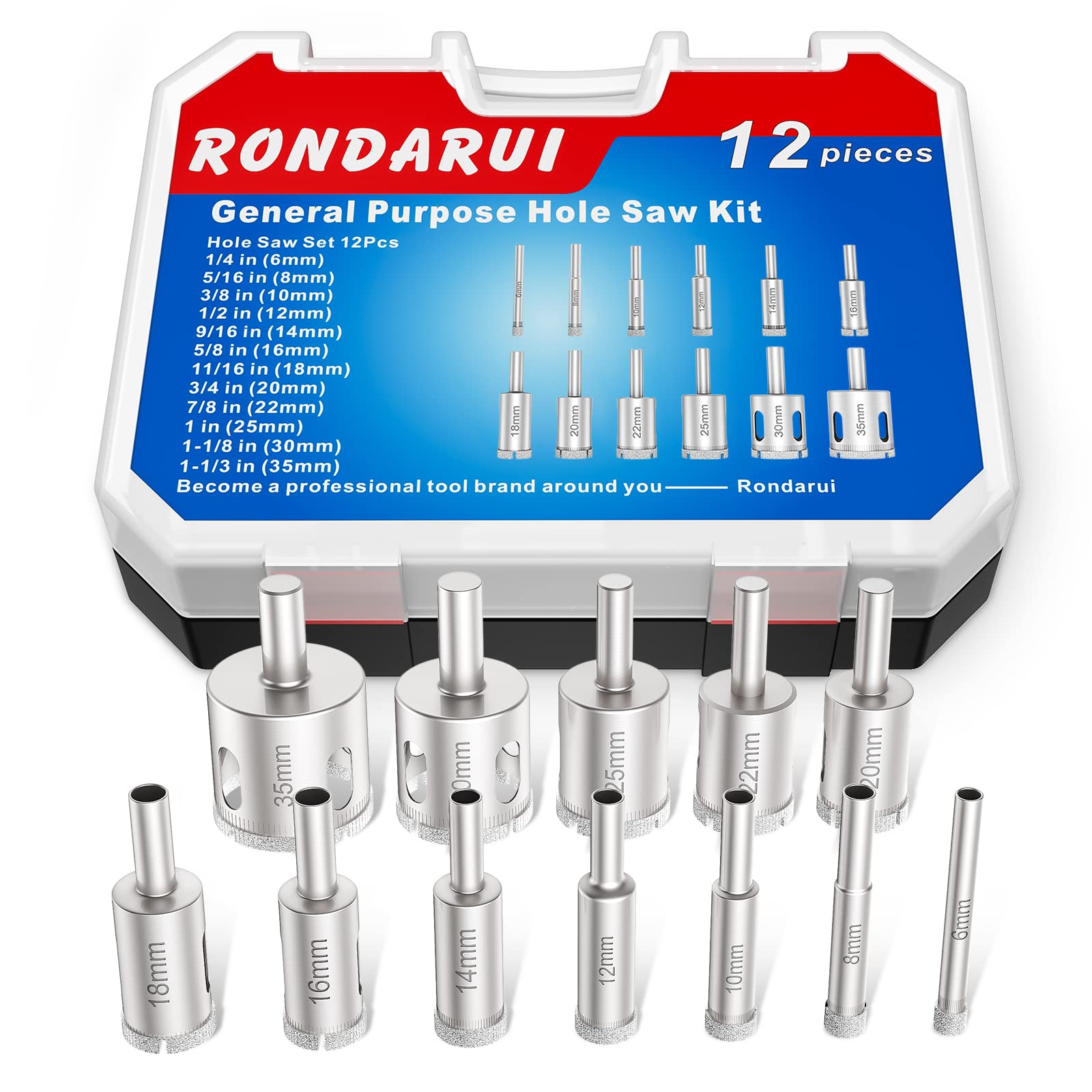 Rondarui Diamond Drill Bits Hole Saw Kit Diamond Drill Bit Set Hole Saw for Glass, Marble, Granite Stone, Bottles, Ceramics and Tile 1/4"-1-1/3" (6mm-35mm),12PCS