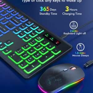 Wireless Keyboard and Mouse Combo - RGB Backlit, Rechargeable & Light Up Letters, Full-Size, Ergonomic Tilt Angle, Sleep Mode, 2.4GHz Quiet Keyboard Mouse for Mac, Windows, Laptop, PC, Trueque