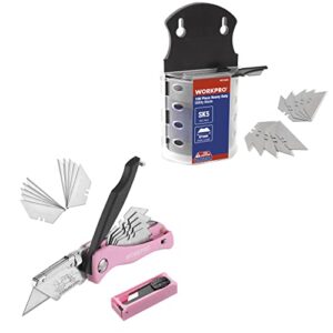 workpro utility knife blades, sk5 steel, 100-pack with dispenser & workpro pink folding utility knife with 15 extra blades