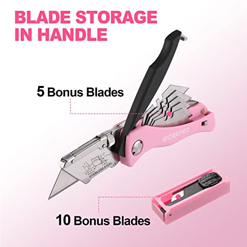 WORKPRO Utility Knife Blades, SK5 Steel, 100-Pack with Dispenser & WORKPRO Pink Folding Utility Knife with 15 Extra Blades