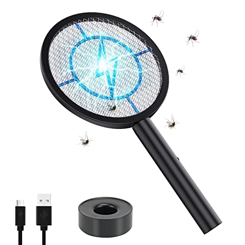 Lanpuly Electric Fly Swatter, 4000V Mosquito Killer, USB Rechargeable Fly Swatter Racket with Base, Powerful Grid, 3 Layers Mesh Safety Protect Safe to Touch