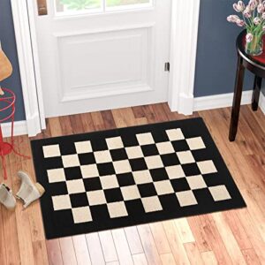 boveu indoor door mat front door mat, 20"x 32" checkered geometric doormat black indoor rugs, thin interior door mats for entryway, patio, black