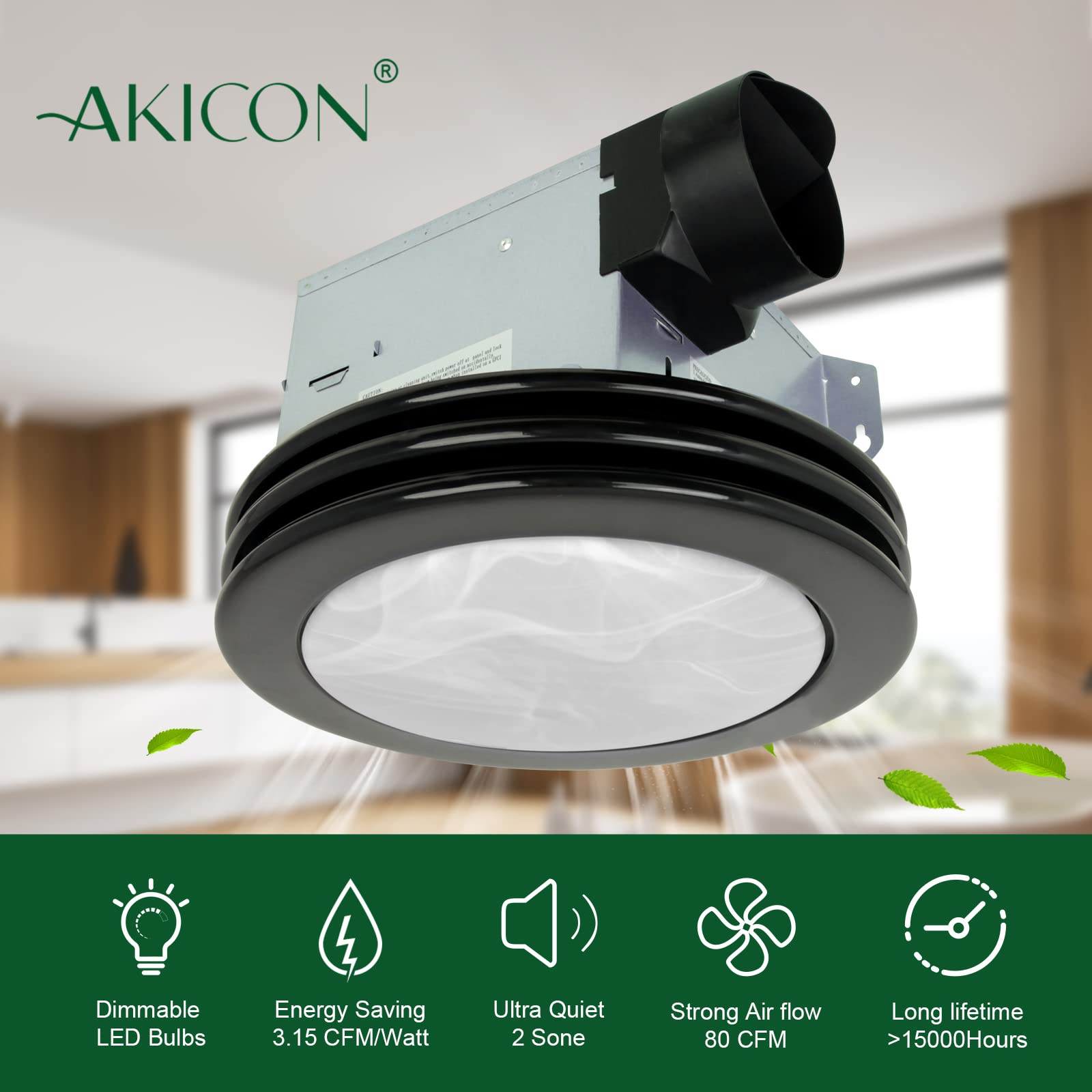 Akicon Ultra Quiet Bathroom Exhaust Fan with LED Light 80CFM 2.0 Sones Round Bathroom Ventilation Fan with Frosted Glass Cover Matte Black Finish (Matte black)