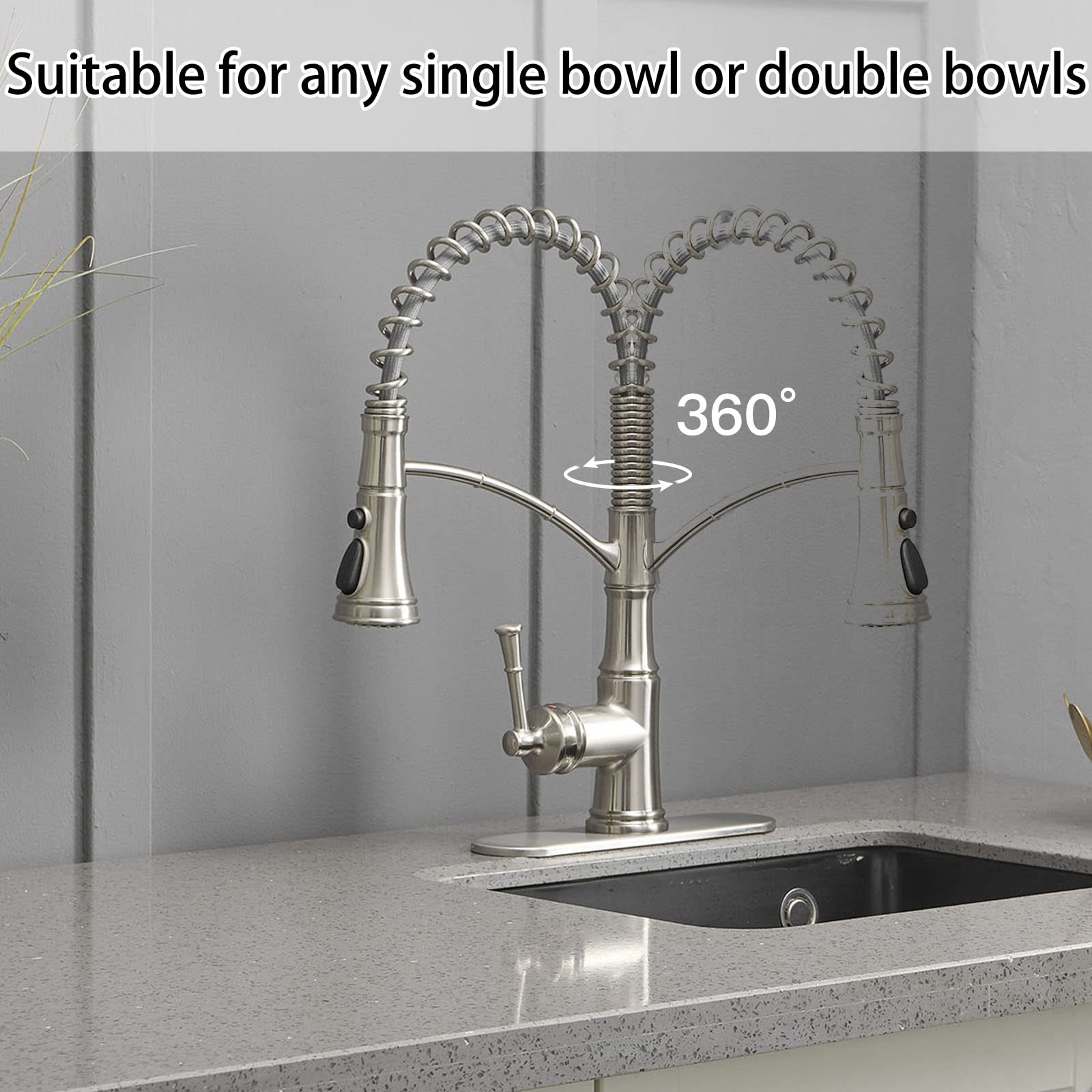 Bathfinesse Kitchen Sink Faucet Brushed Nickel with Pull Down Sprayer 3 Mode Commercial Faucet for Kitchen Sink Solid Brass Single Handle High Arc Pull Out RV Bar,Deck Plate Include