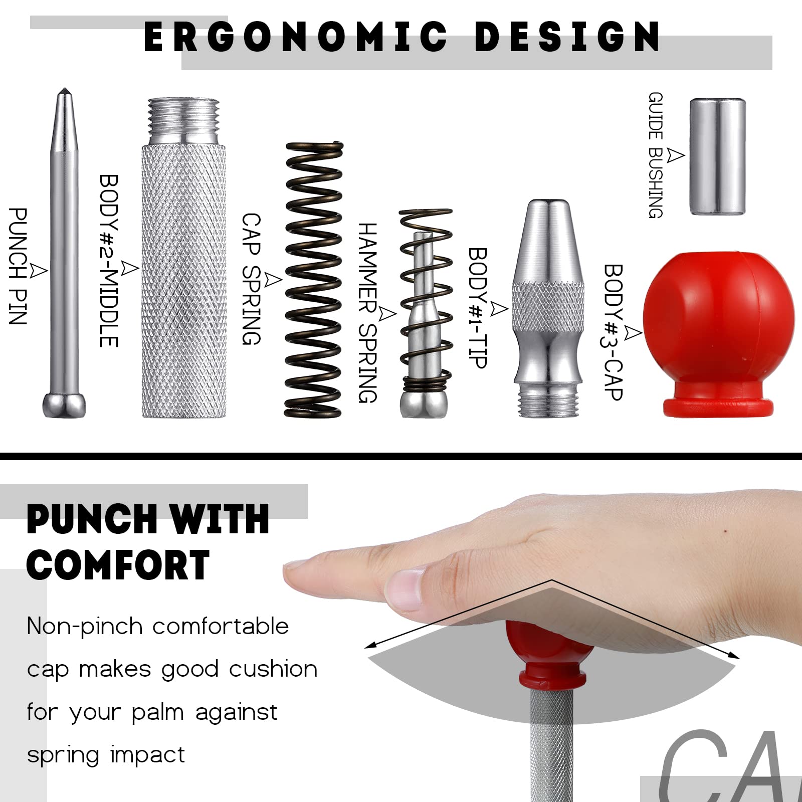 3 Pack Center Punch Spring Loaded Automatic Punch 5 Inches Crushing Hand Tool Center Hole Punch for Wood Metal Awl Puncher with Cushion Cap Adjustable Tension